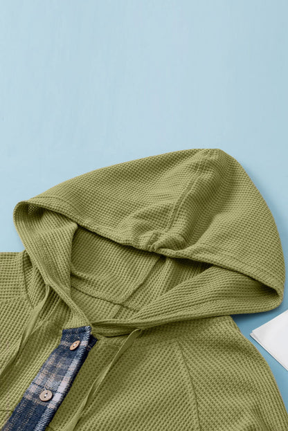 Green Waffle Knit and Flannel Henley Oversized Hoodie - Vesteeto