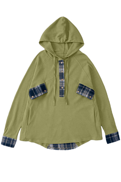 Green Waffle Knit and Flannel Henley Oversized Hoodie - Vesteeto