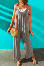 Grey Casual Spaghetti Straps Wide Leg Pocketed Jumpsuits - Vesteeto