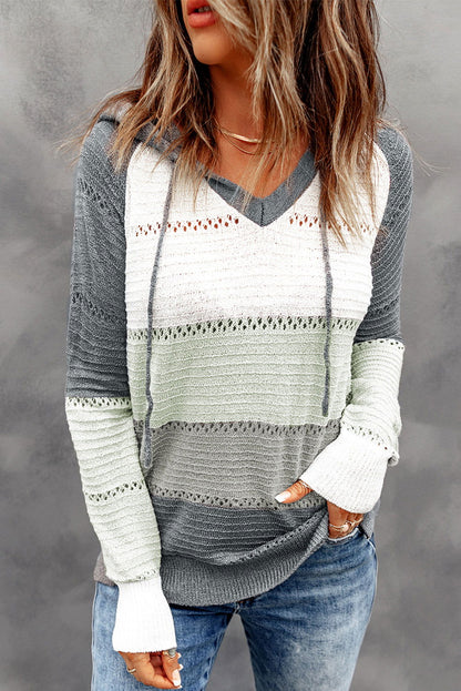 Grey Colorblock Casual Cutout Knit Hoodie Sweater - Vesteeto