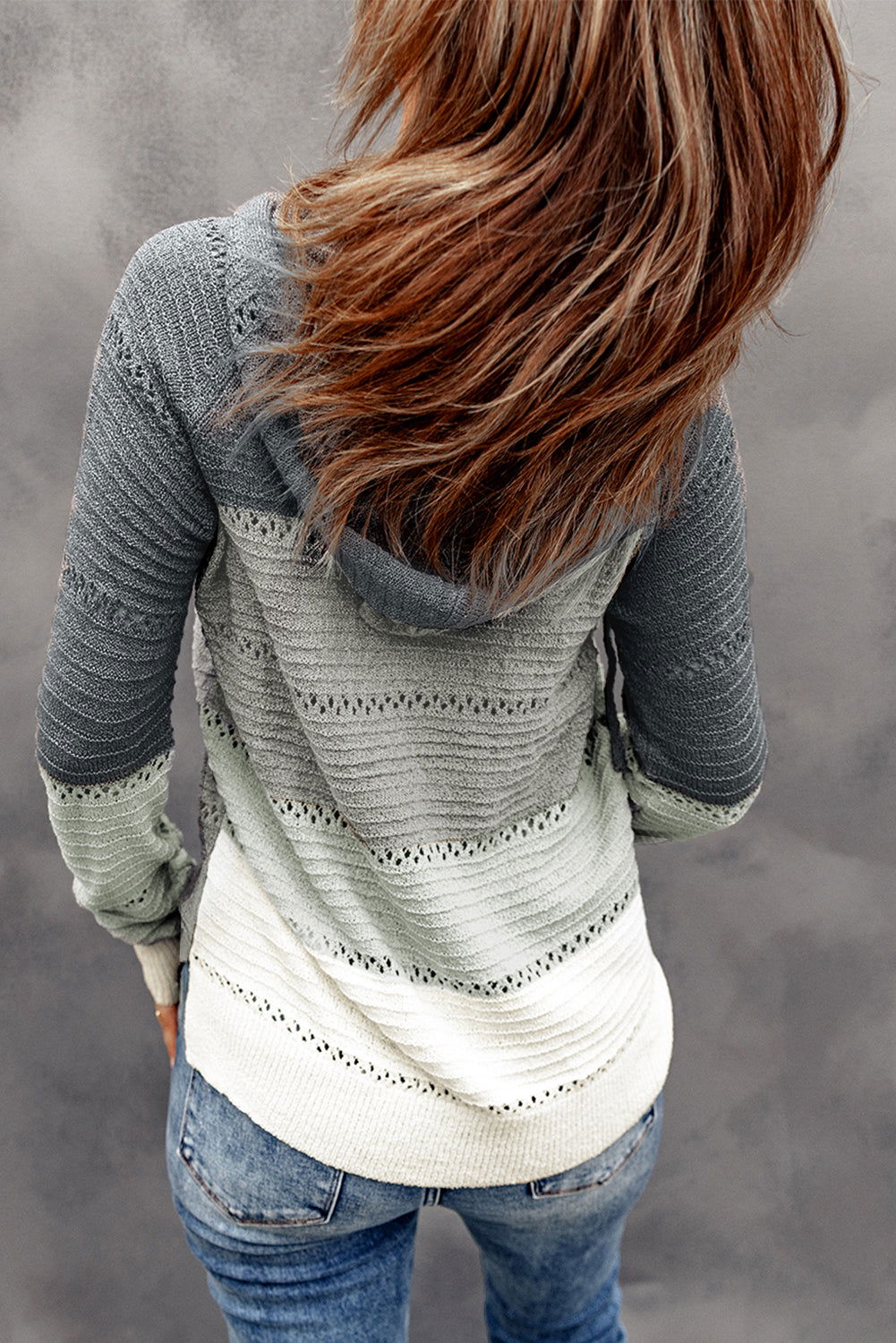 Grey Colorblock Casual Cutout Knit Hoodie Sweater - Vesteeto