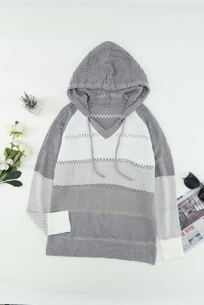 Grey Colorblock Casual Cutout Knit Hoodie Sweater - Vesteeto