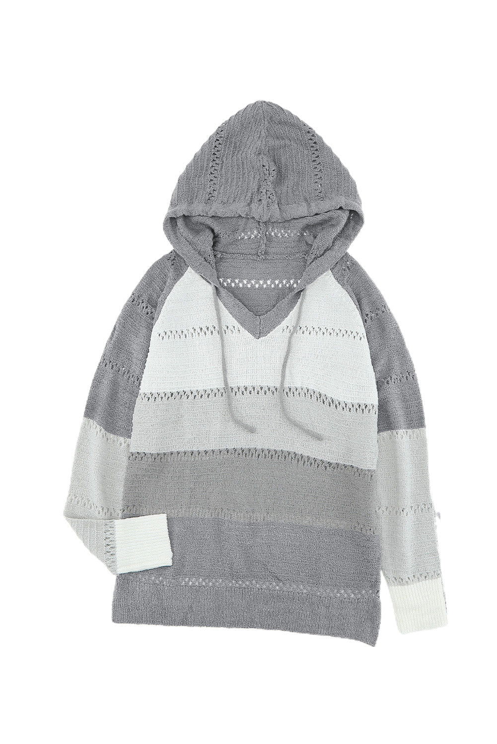 Grey Colorblock Casual Cutout Knit Hoodie Sweater - Vesteeto