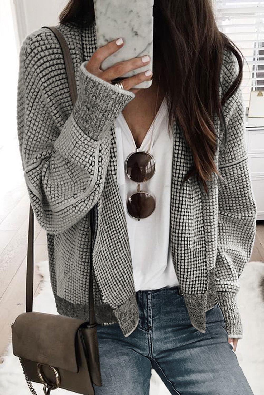 Grey Gingham Contrast Trim Open Front Cardigan - Vesteeto