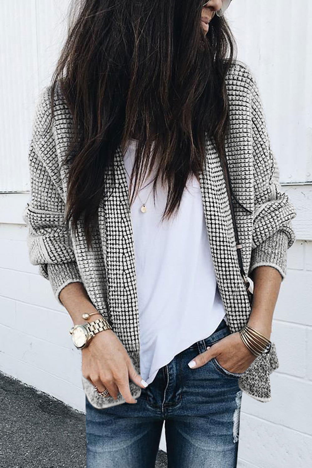 Grey Gingham Contrast Trim Open Front Cardigan - Vesteeto