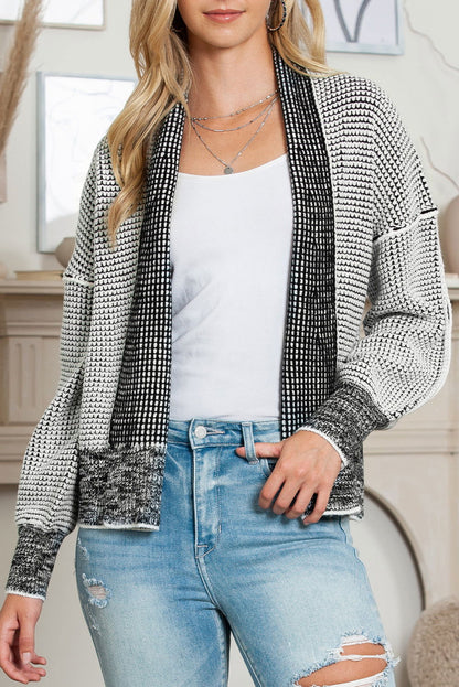 Grey Gingham Contrast Trim Open Front Cardigan - Vesteeto