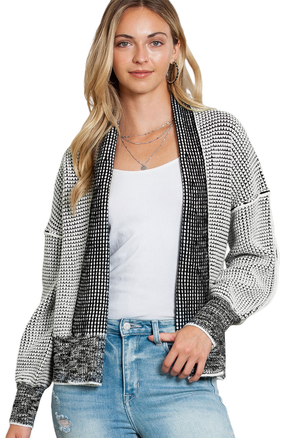 Grey Gingham Contrast Trim Open Front Cardigan - Vesteeto