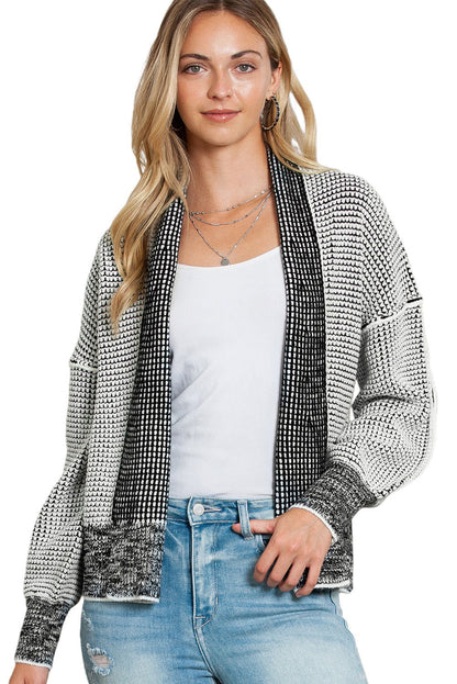 Grey Gingham Contrast Trim Open Front Cardigan - Vesteeto