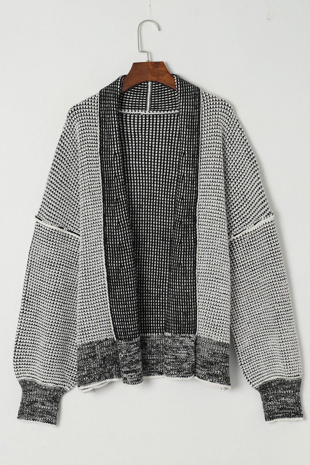 Grey Gingham Contrast Trim Open Front Cardigan - Vesteeto