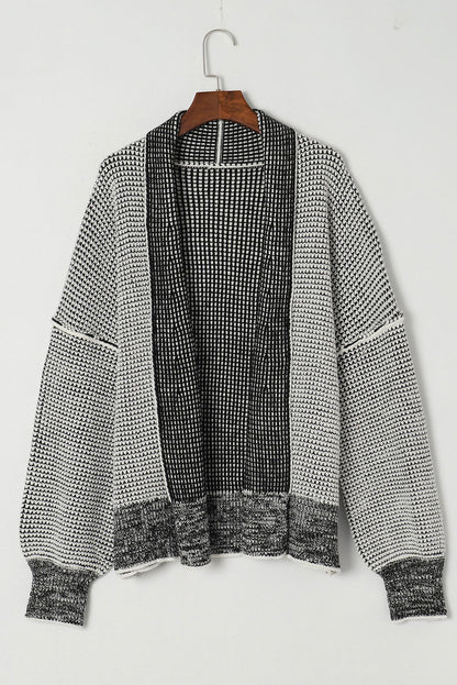 Grey Gingham Contrast Trim Open Front Cardigan - Vesteeto