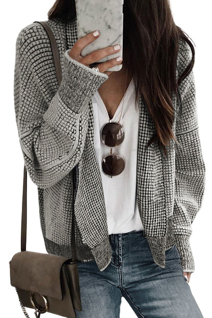 Grey Gingham Contrast Trim Open Front Cardigan - Vesteeto