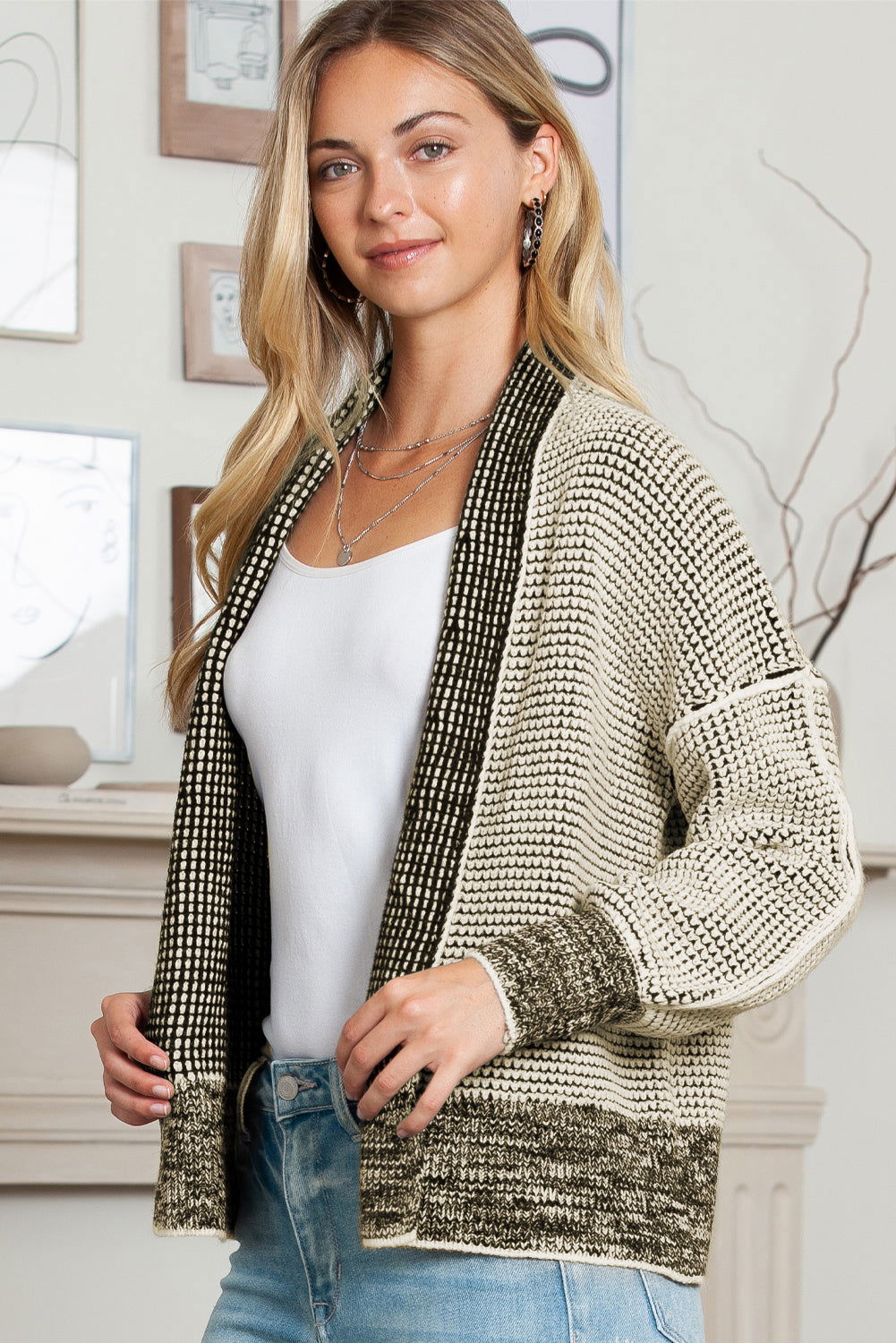 Grey Gingham Contrast Trim Open Front Cardigan - Vesteeto