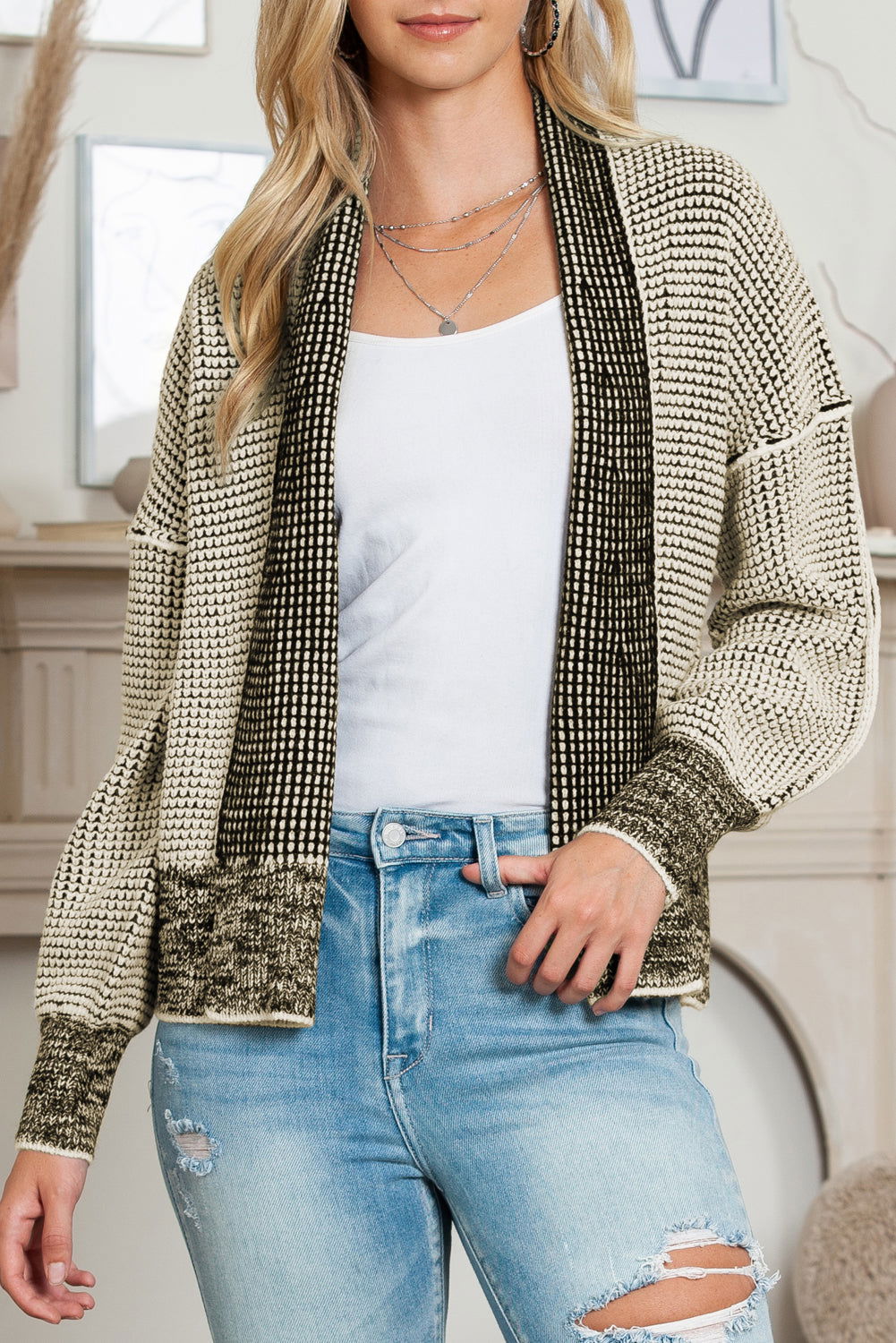 Grey Gingham Contrast Trim Open Front Cardigan - Vesteeto