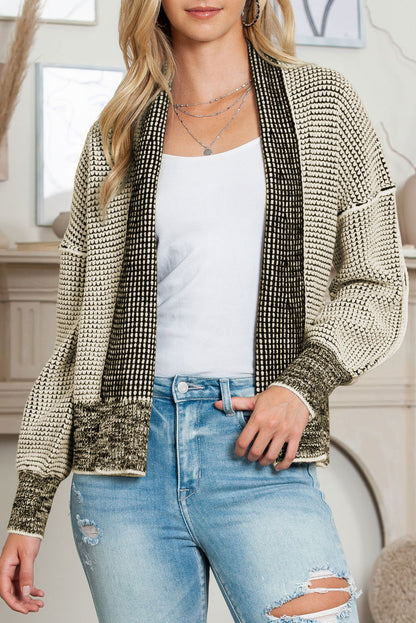 Grey Gingham Contrast Trim Open Front Cardigan - Vesteeto