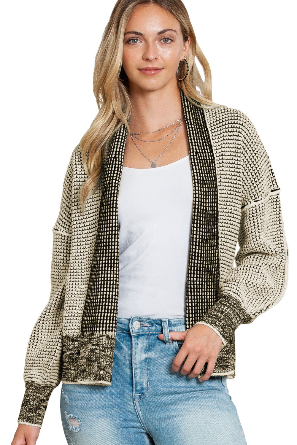 Grey Gingham Contrast Trim Open Front Cardigan - Vesteeto