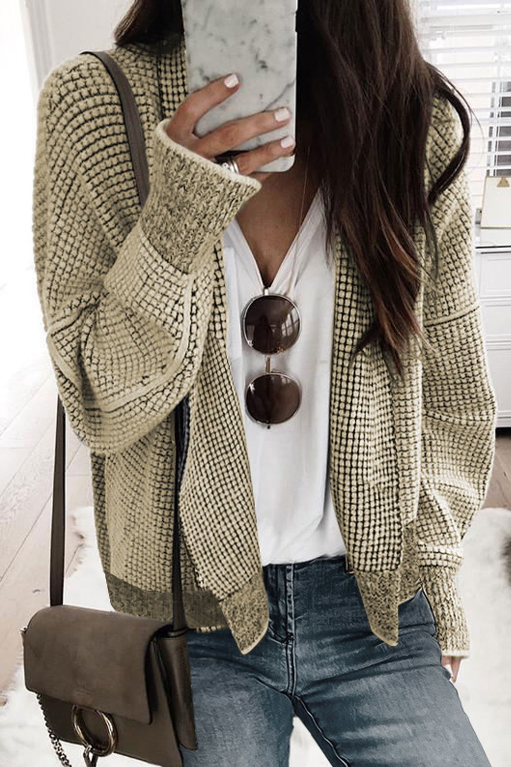 Grey Gingham Contrast Trim Open Front Cardigan - Vesteeto