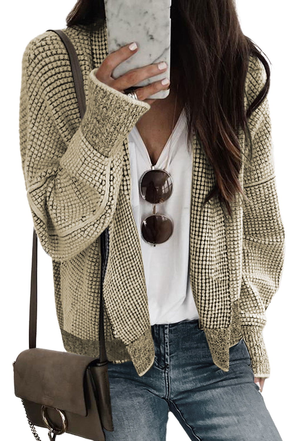 Grey Gingham Contrast Trim Open Front Cardigan - Vesteeto