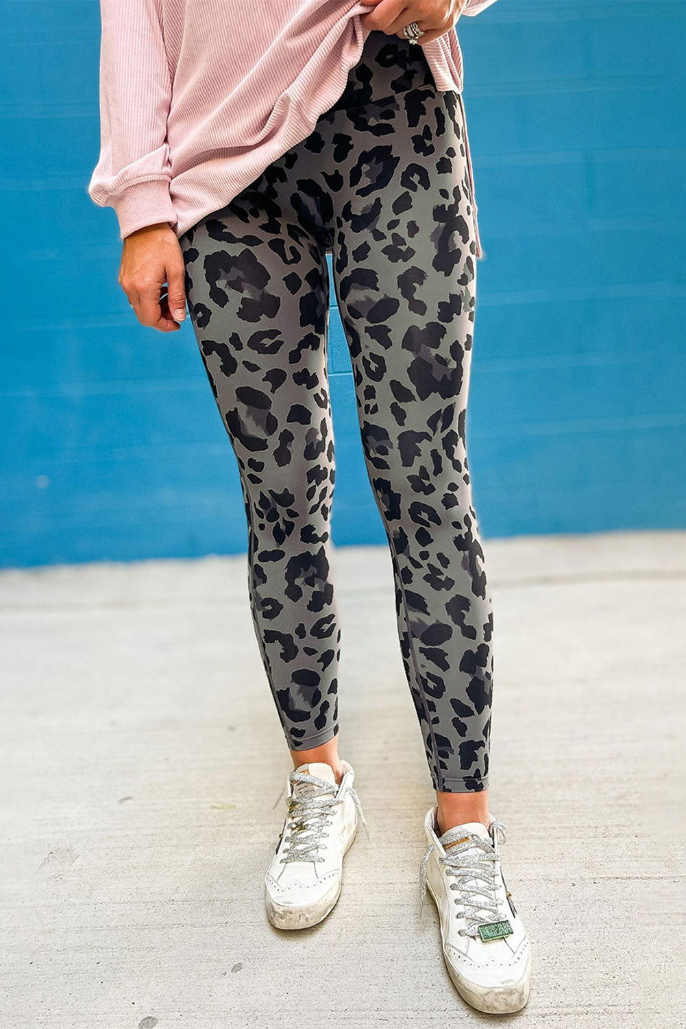 Grey Leopard Print Casual High Waist Leggings - Vesteeto