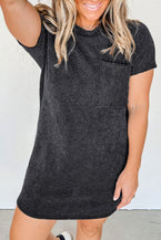 Grey Ribbed Short Sleeve Chest Pocket Casual T Shirt Dress - Vesteeto