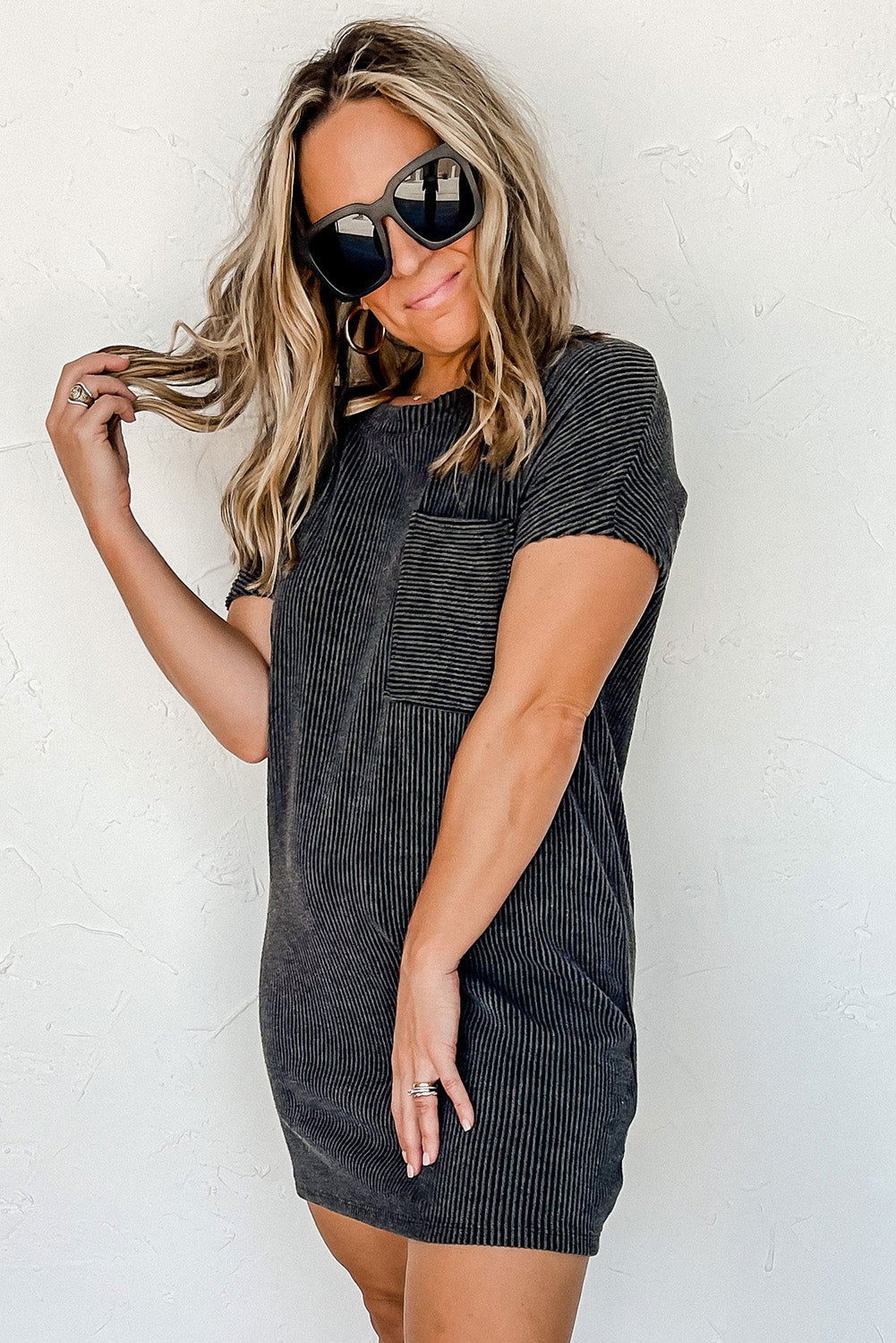 Grey Ribbed Short Sleeve Chest Pocket Casual T Shirt Dress - Vesteeto