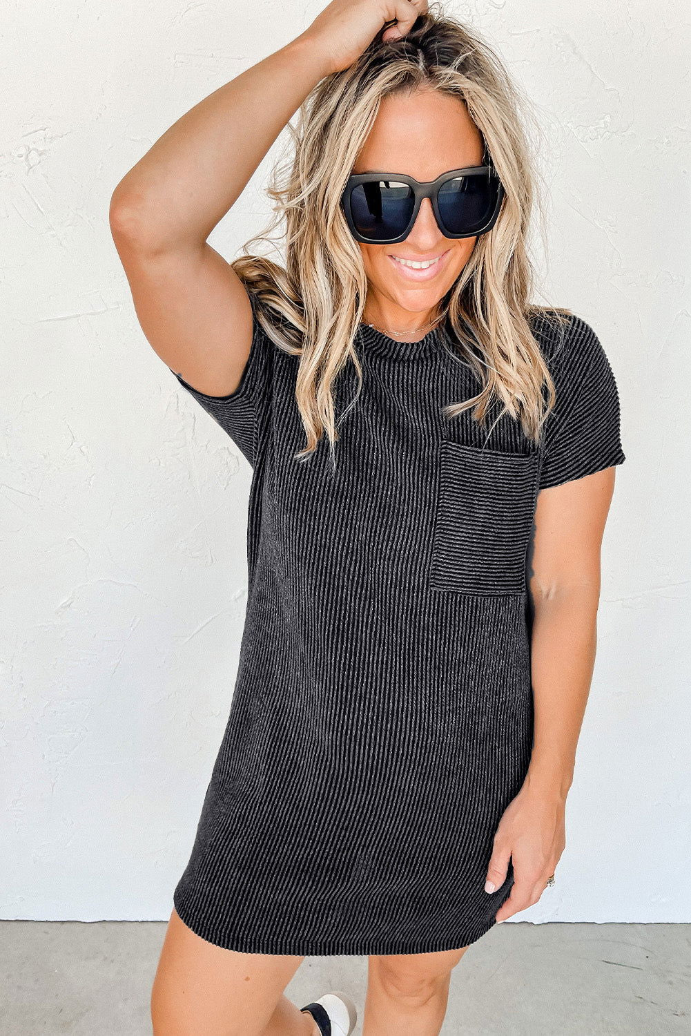 Grey Ribbed Short Sleeve Chest Pocket Casual T Shirt Dress - Vesteeto