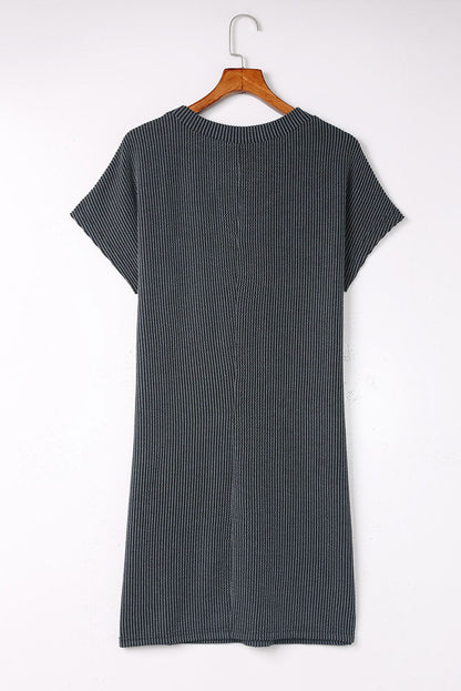 Grey Ribbed Short Sleeve Chest Pocket Casual T Shirt Dress - Vesteeto