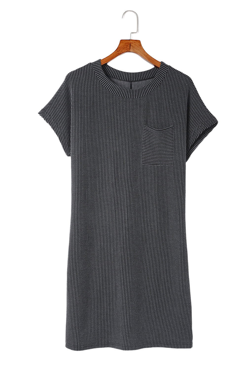 Grey Ribbed Short Sleeve Chest Pocket Casual T Shirt Dress - Vesteeto