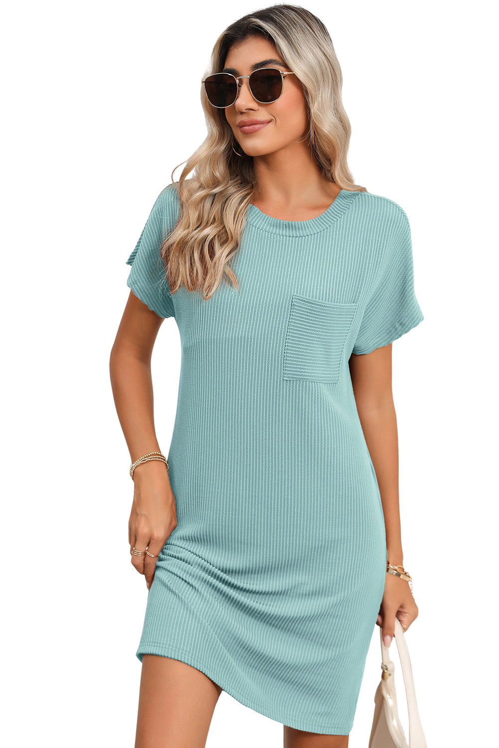 Grey Ribbed Short Sleeve Chest Pocket Casual T Shirt Dress - Vesteeto