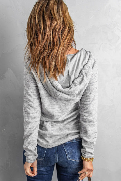 Grey Snap Button Long Sleeve Pullover Hoodie for Women - Vesteeto