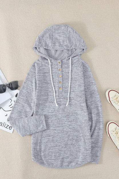 Grey Snap Button Long Sleeve Pullover Hoodie for Women - Vesteeto