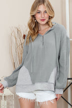 Grey Solid Color Buttoned Pullover Hoodie with Drawstring - Vesteeto