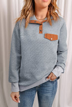 Grey Stand Collar Brown Quilted Snap Button Sweatshirt - Vesteeto