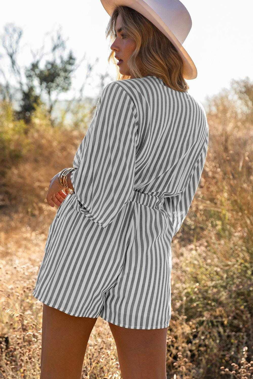 Grey Striped Print Tie Knot Front Romper With Pockets - Vesteeto