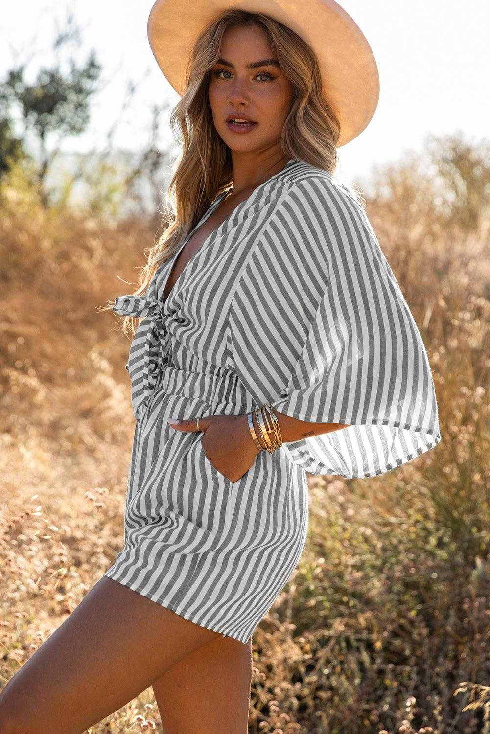 Grey Striped Print Tie Knot Front Romper With Pockets - Vesteeto