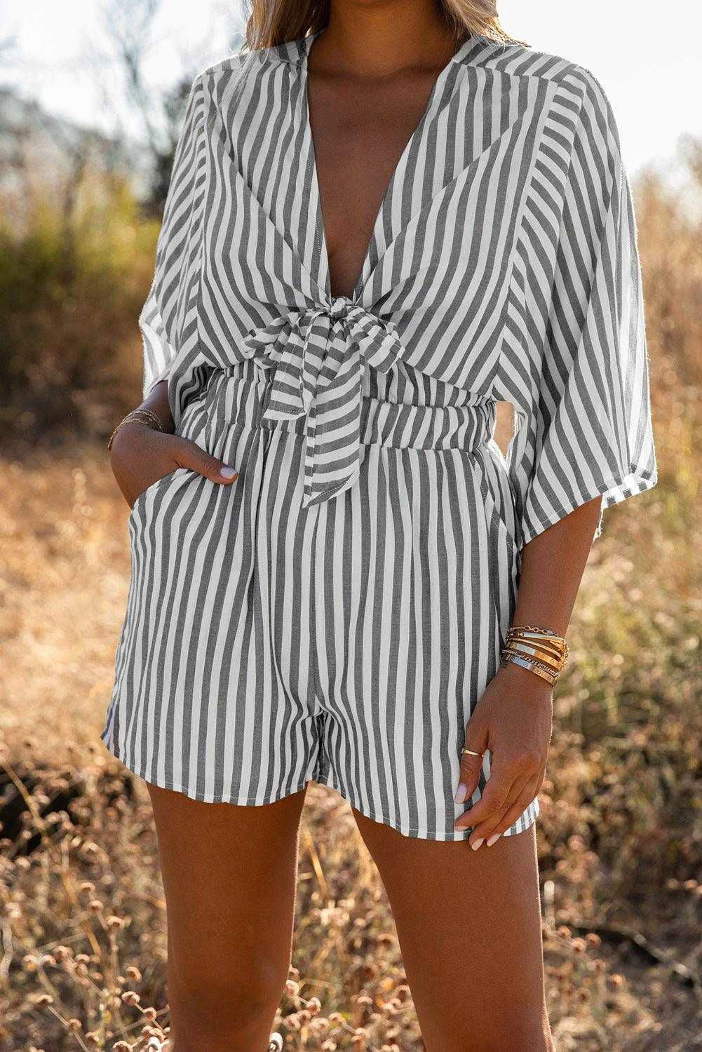 Grey Striped Print Tie Knot Front Romper With Pockets - Vesteeto