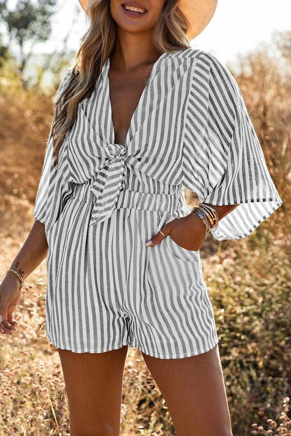 Grey Striped Print Tie Knot Front Romper With Pockets - Vesteeto