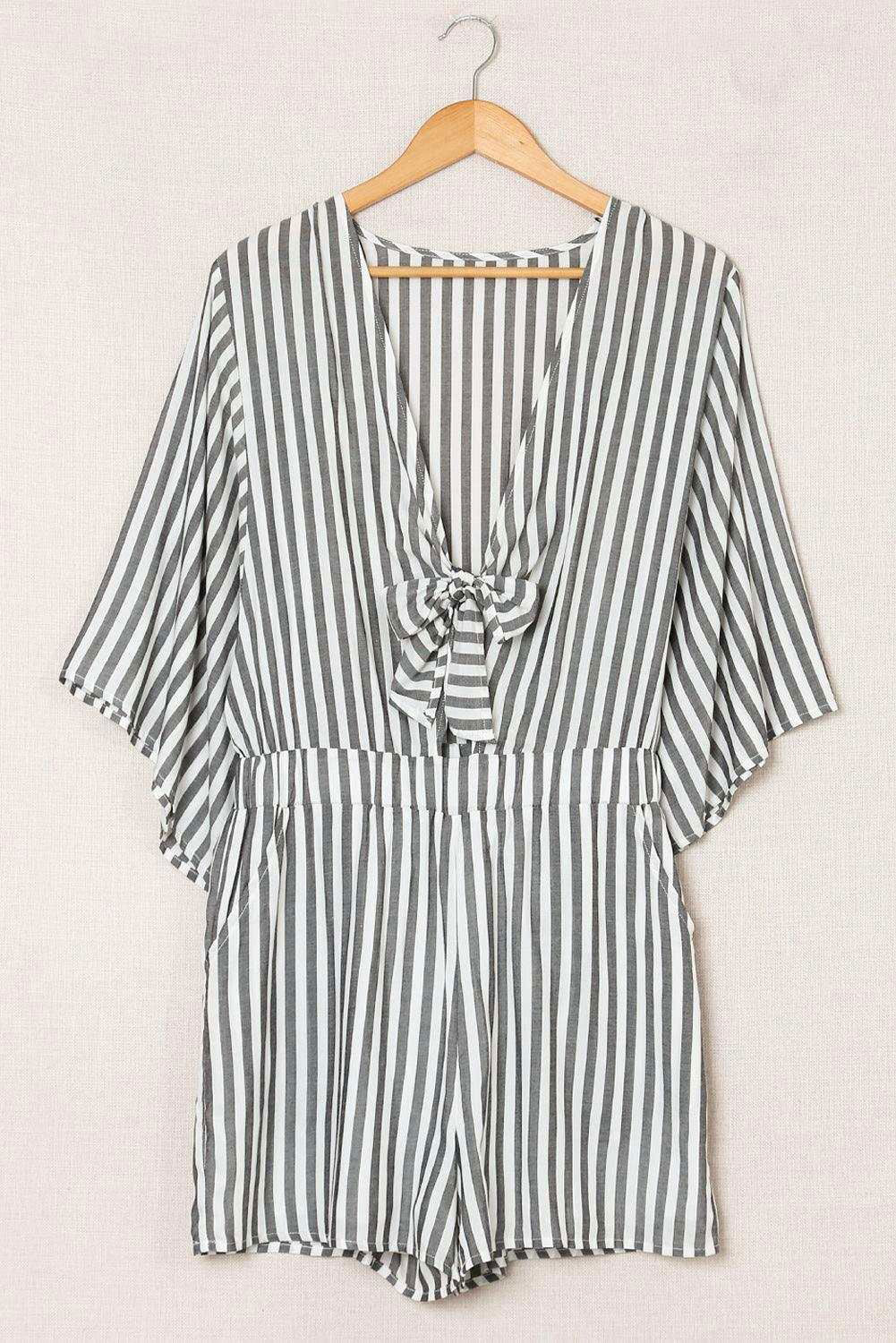 Grey Striped Print Tie Knot Front Romper With Pockets - Vesteeto