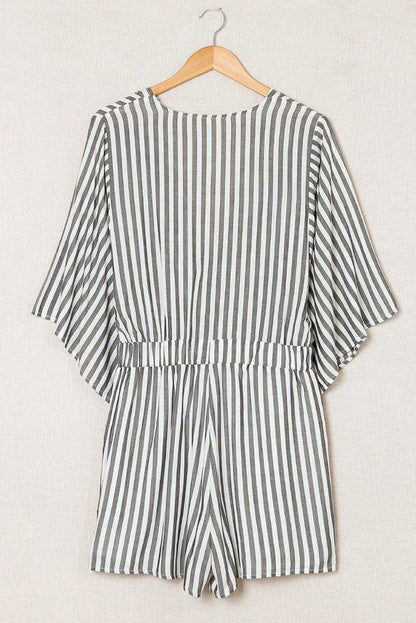 Grey Striped Print Tie Knot Front Romper With Pockets - Vesteeto