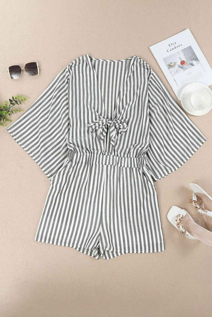 Grey Striped Print Tie Knot Front Romper With Pockets - Vesteeto