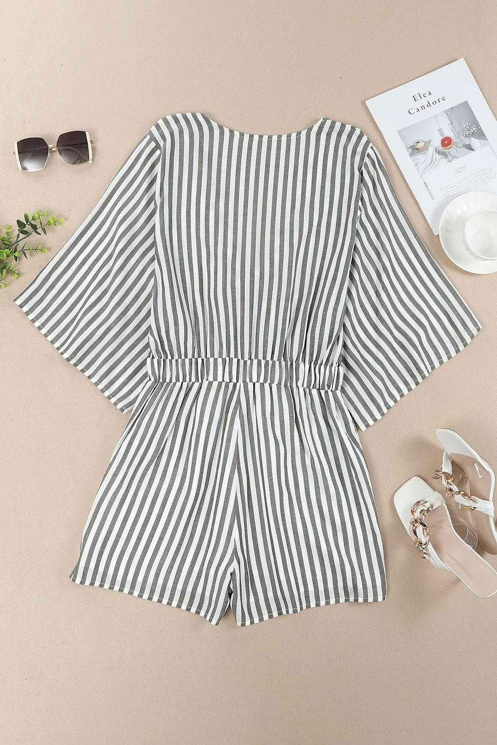 Grey Striped Print Tie Knot Front Romper With Pockets - Vesteeto