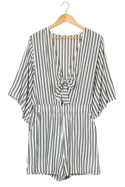 Grey Striped Print Tie Knot Front Romper With Pockets - Vesteeto