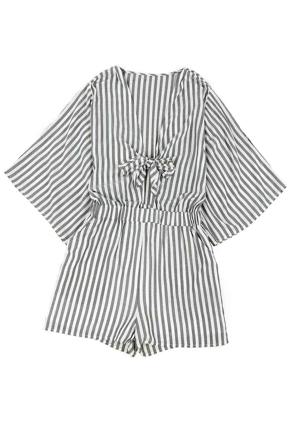 Grey Striped Print Tie Knot Front Romper With Pockets - Vesteeto