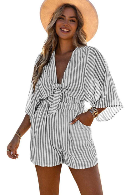 Grey Striped Print Tie Knot Front Romper With Pockets - Vesteeto