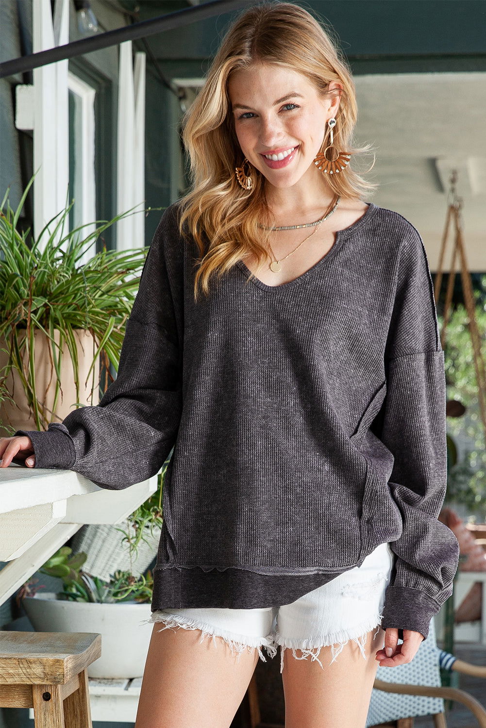 Grey Textured Exposed Seam Pullover Sweatshirt for Women - Vesteeto