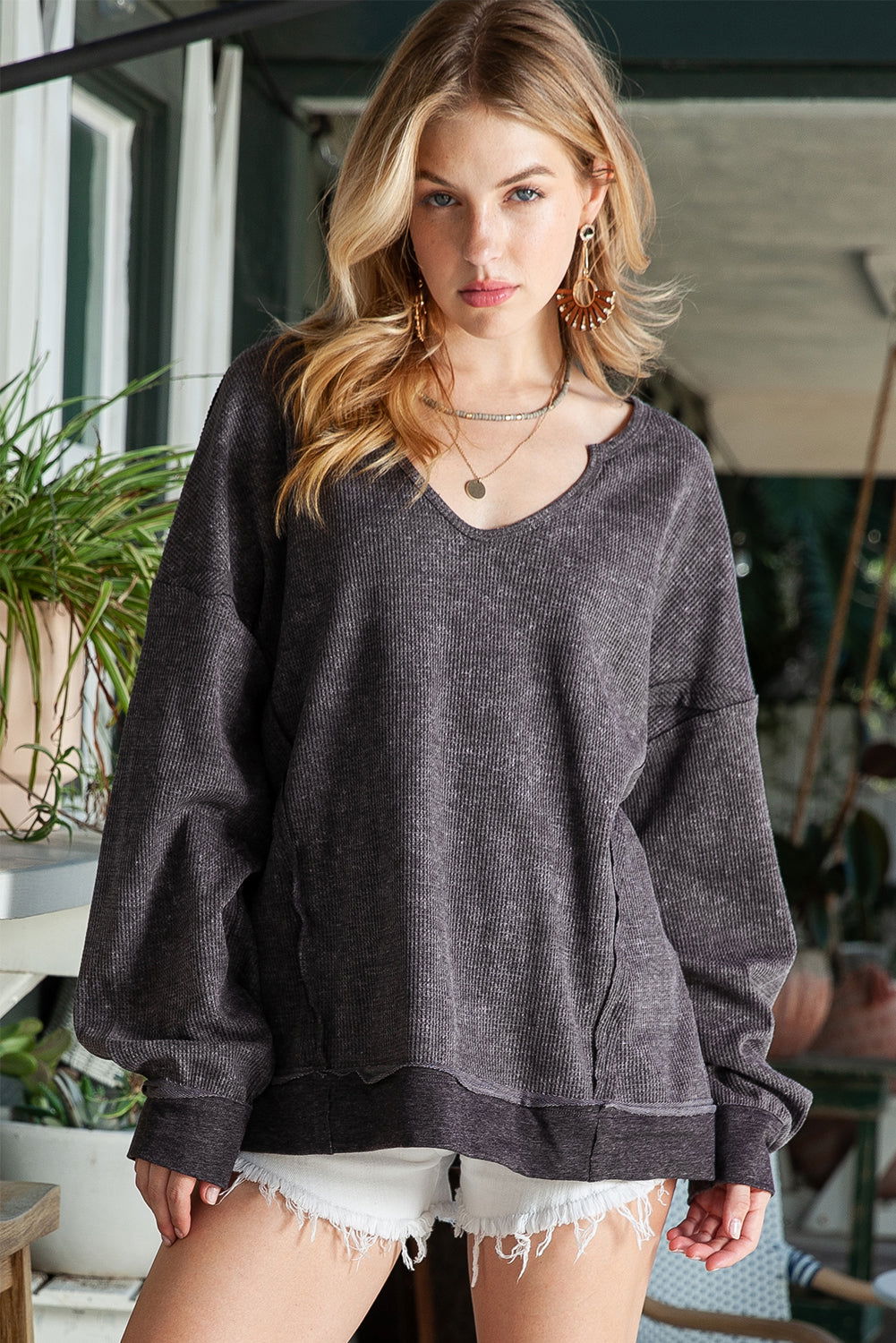 Grey Textured Exposed Seam Pullover Sweatshirt for Women - Vesteeto