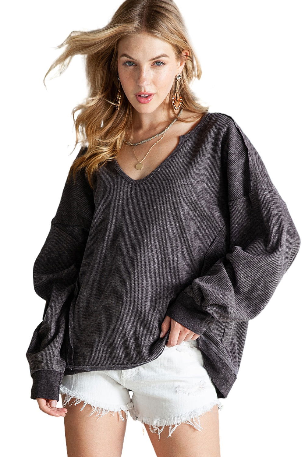 Grey Textured Exposed Seam Pullover Sweatshirt for Women - Vesteeto