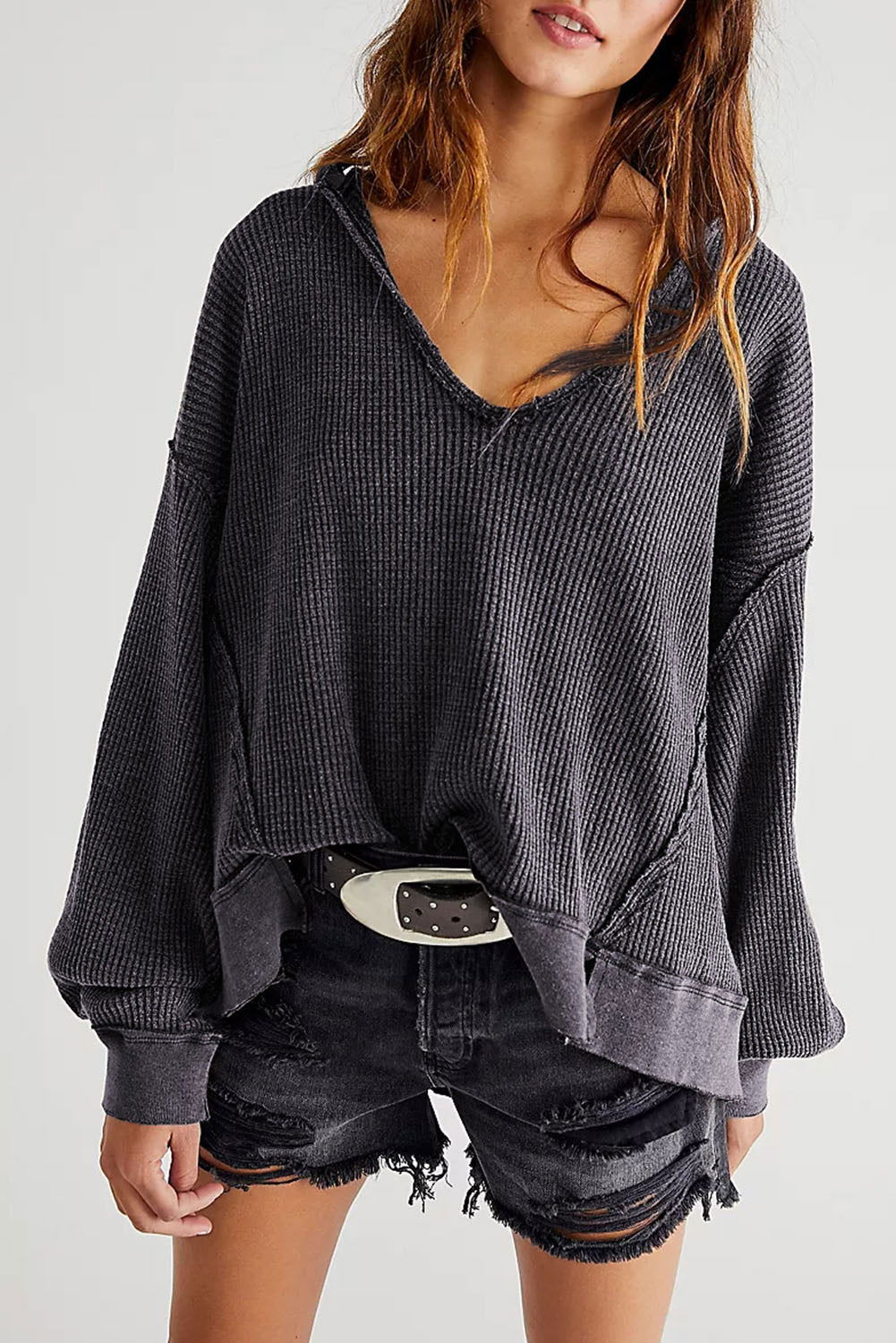 Grey Textured Exposed Seam Pullover Sweatshirt for Women - Vesteeto