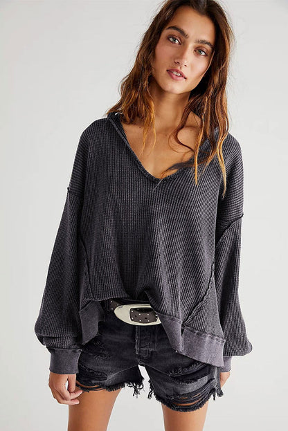 Grey Textured Exposed Seam Pullover Sweatshirt for Women - Vesteeto