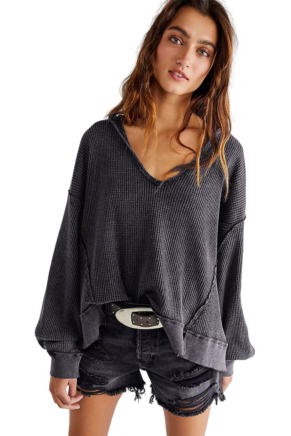 Grey Textured Exposed Seam Pullover Sweatshirt for Women - Vesteeto