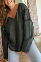 Grey V Neck Exposed Seam Pullover Hoodie with Kangaroo Pocket - Vesteeto